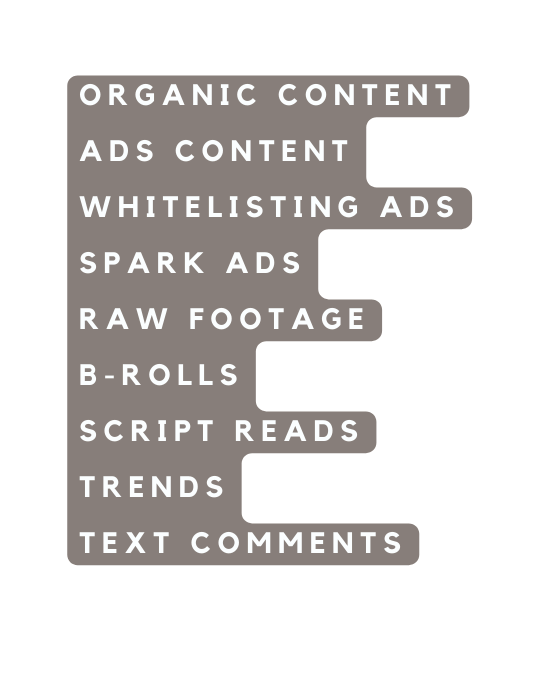 Organic content ads content Whitelisting ads Spark ads Raw footage B rolls Script reads trends text comments